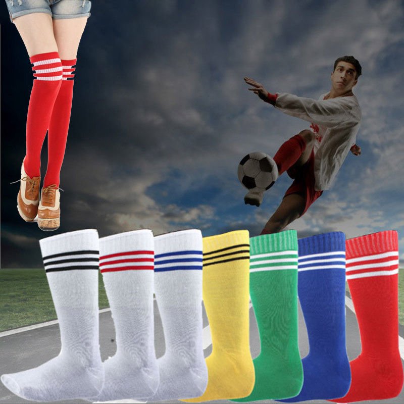 Mens Womens Sports Breathable Tube Long High Socks Knee Warm Casual Footy Soccer, White w Blue Stripes